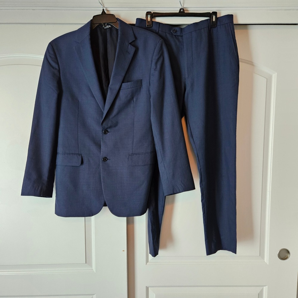Jos A Bank 2 Piece Suit Men 42L 36x30 Navy Blue Wool Houndstooth Single Breasted